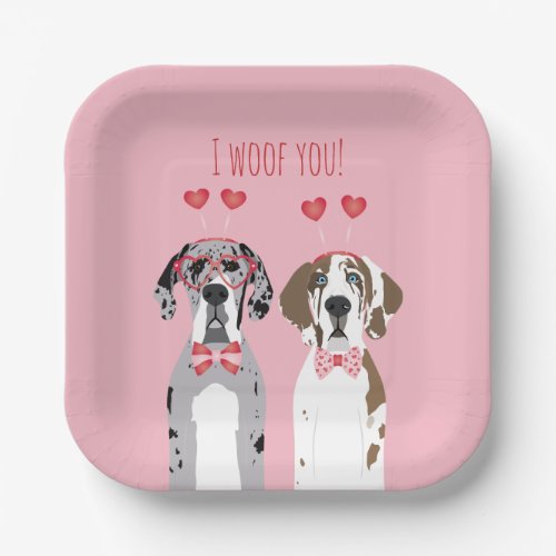 I Woof You Great Dane Dogs Pink Red Paper Plates