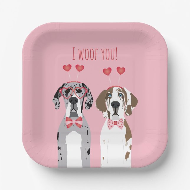 I Woof You Great Dane Dogs Pink Red Paper Plates (Front)