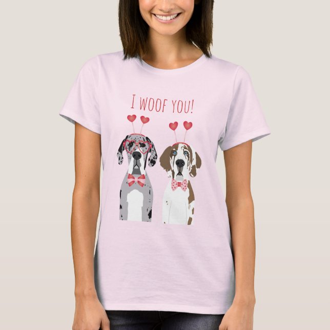 I Woof You Great Dane Dogs Pink Red T-Shirt (Front)