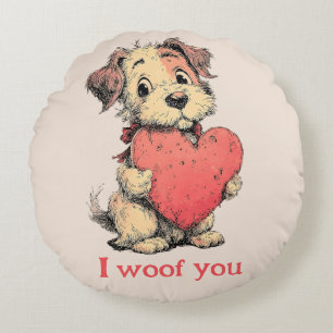 I woof you Vintage Puppy Heart Valentine`s Day Round Pillow