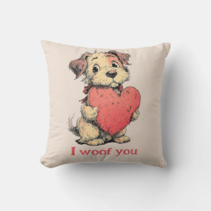 I woof you Vintage Puppy Heart Valentine`s Day Throw Pillow