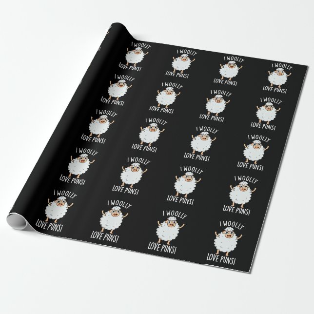 I Wooly Love Puns Funny Sheep Pun Dark BG Wrapping Paper (Unrolled)