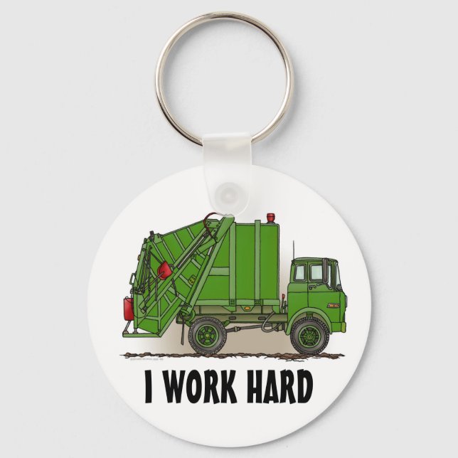 I Work Hard Garbage Truck Green Key Chain (Front)