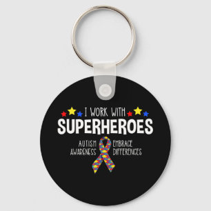 I Work With Superheroes -- Autism Awareness -- Emb Keychain
