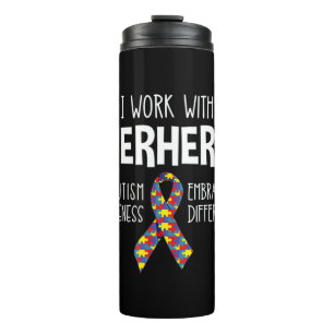 I Work With Superheroes -- Autism Awareness -- Emb Thermal Tumbler