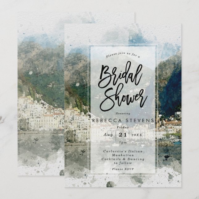 Ialian watercolour scene bridal shower invitation (Front/Back)