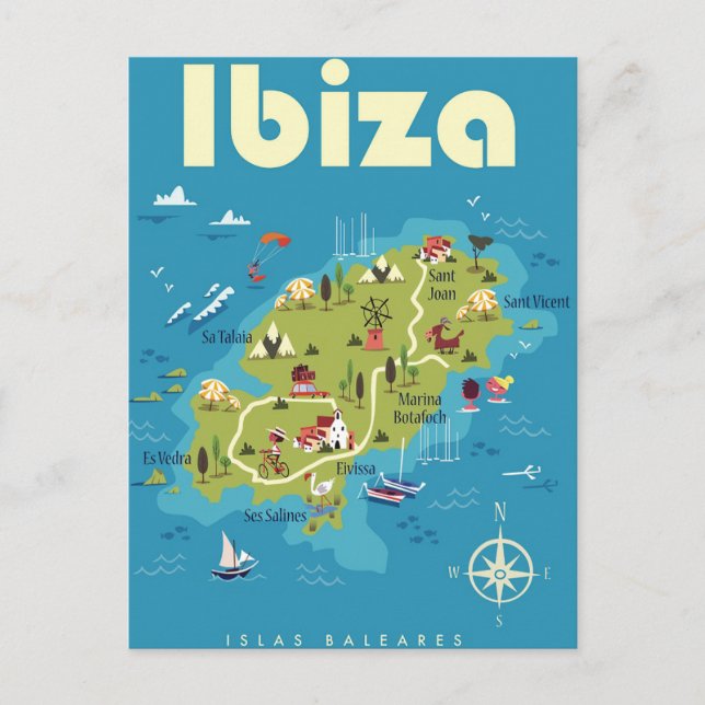 Ibiza Illustrated Map Postcard (Front)
