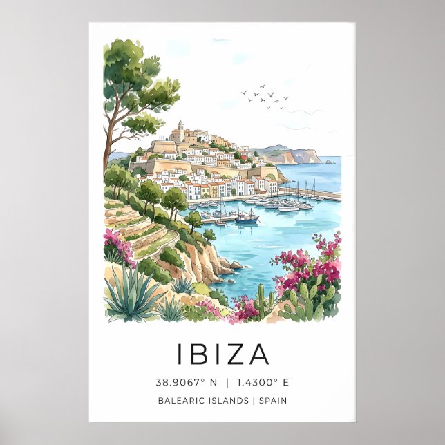 Ibiza Landscape Print Watercolor Seaside Scene (Front)