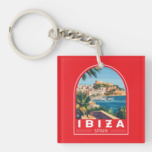 Ibiza Spain Illustration Travel Art Vintage Keychain (Front)