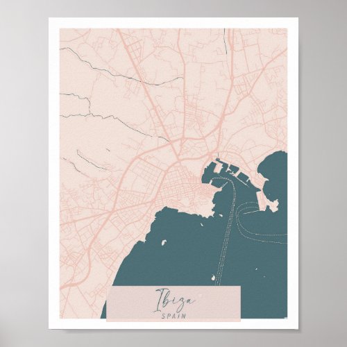 Ibiza Spain Pink and Blue Cute Script Street Map Poster