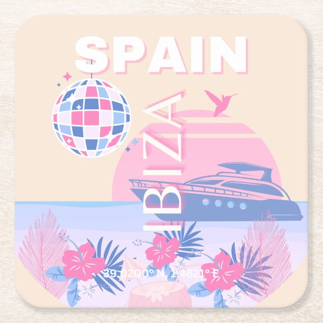 Ibiza, Spain, Travel Art, Preppy Art, Pink, Pastel Square Paper Coaster (Front)