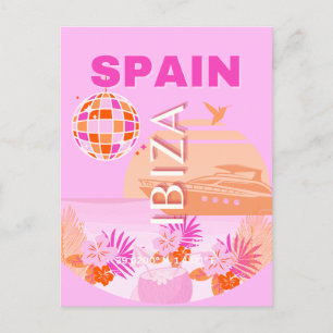 Ibiza, Spain, Travel Art, Preppy Art, Pink, Preppy Holiday Postcard