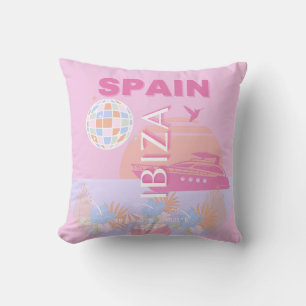 Ibiza, Spain, Travel Art, Preppy Art, Pink Throw Pillow