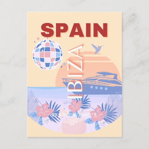 Ibiza Spain Travel Art Retro Art Pastel Holiday Postcard