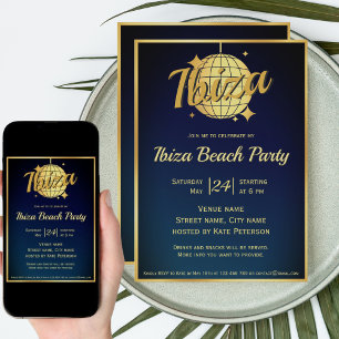 Ibiza themed eivissa gold disco ball party invitation