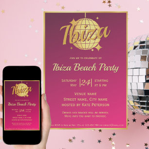 Ibiza themed eivissa gold disco ball pink party invitation