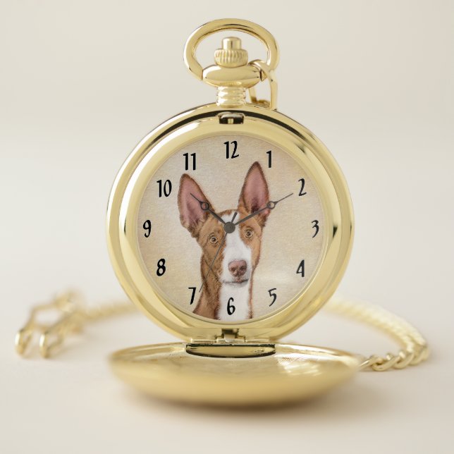 Ibizan Hound Painting - Cute Original Dog Art Pocket Watch (Inside)