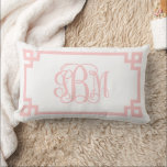 IBM Light Pink Greek Key Script Monogram Lumbar Pillow<br><div class="desc">PLEASE MESSAGE DESIGNER BEFORE ORDERING. SEND YOUR MONOGRAM INITIALS IN THIS ORDER: FIRST, LAST, MIDDLE. I will customize your monogram and email you the link to order. Please do not purchase until after I have sent you the link with your customized monogram. Add a polished preppy touch to any space...</div>