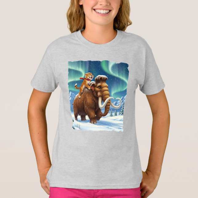 Ice age cat riding on the back of a trusty mammoth T-Shirt (Front)
