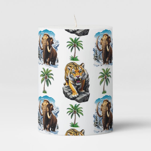 Ice Age Mammoth Sabertooth Tiger Pattern Design  Pillar Candle (Front)