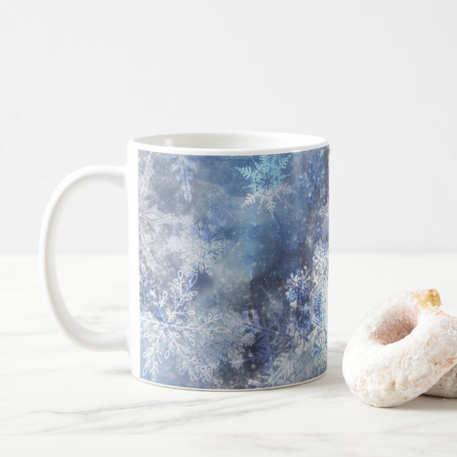 Ice and Snow Textured Blue Christmas Pattern Coffee Mug (With Donut)