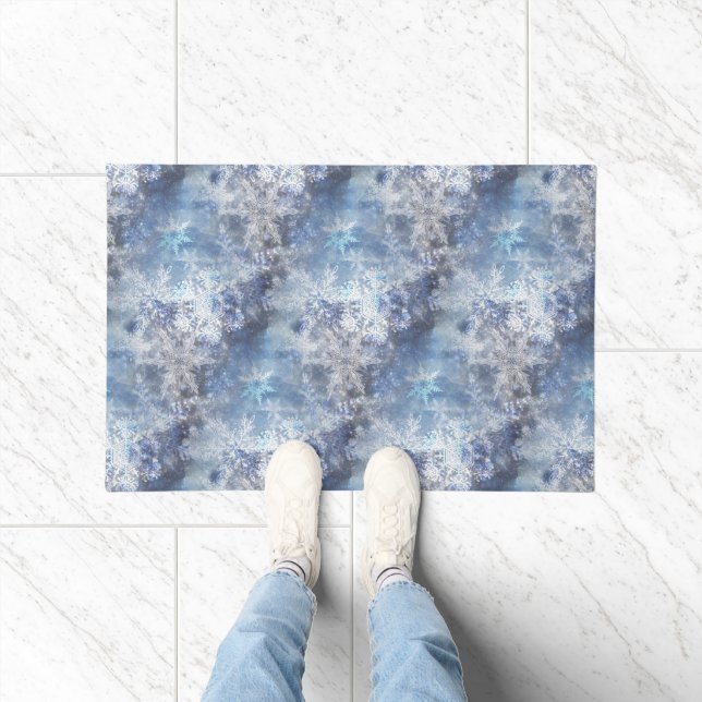 Ice and Snow Textured Blue Christmas Pattern Doormat (Indoor)