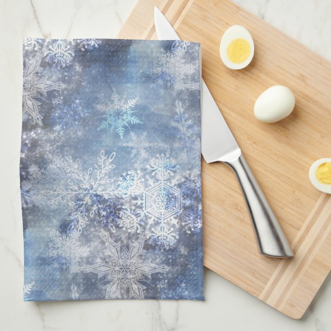 Ice and Snow Textured Blue Christmas Pattern Kitchen Towel (Quarter Fold)