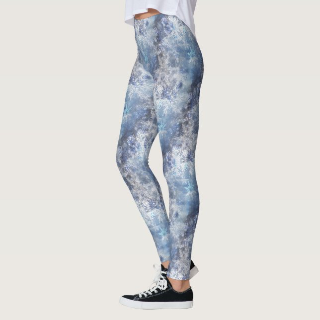 Ice and Snow Textured Blue Christmas Pattern Leggings (Left)