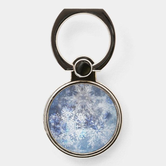 Ice and Snow Textured Blue Christmas Pattern Phone Ring Stand (Front)