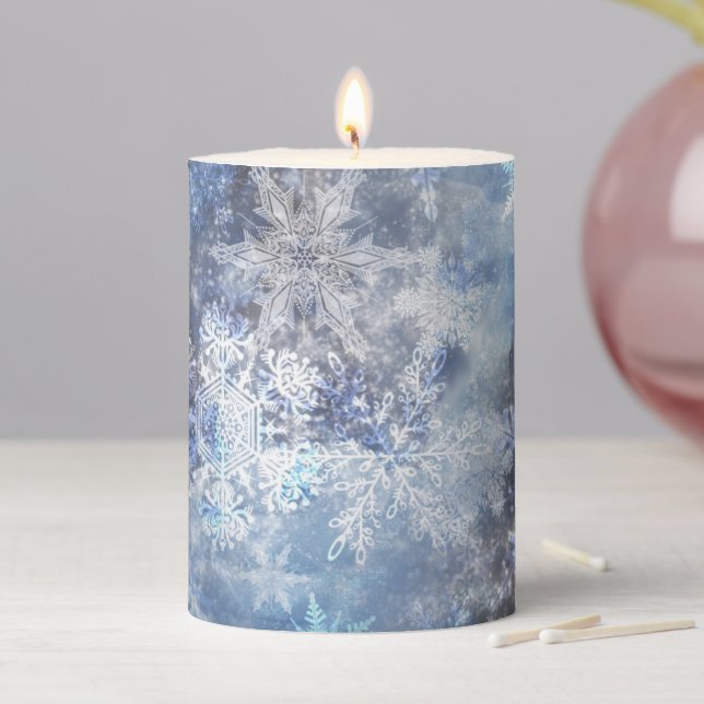 Ice and Snow Textured Blue Christmas Pattern Pillar Candle (In Situ)