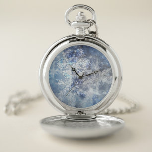 Ice and Snow Textured Blue Christmas Pattern Pocket Watch