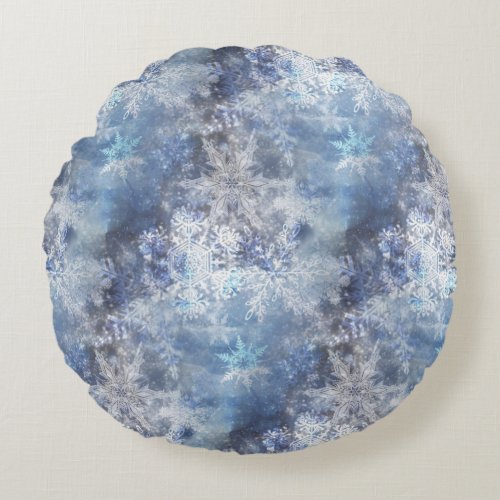 Ice and Snow Textured Blue Christmas Pattern Round Pillow