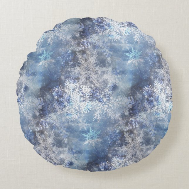 Ice and Snow Textured Blue Christmas Pattern Round Pillow (Front)
