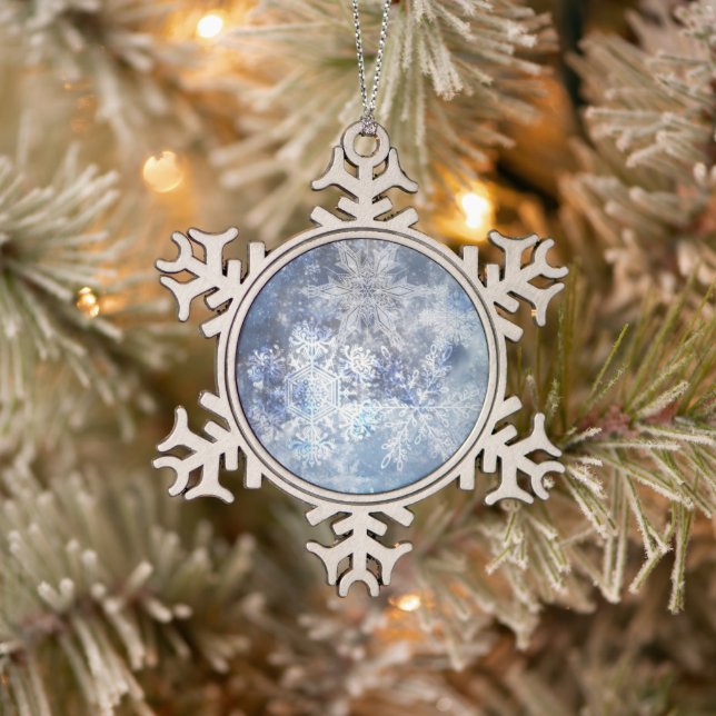 Ice and Snow Textured Blue Christmas Pattern Snowflake Pewter Christmas Ornament (Tree)