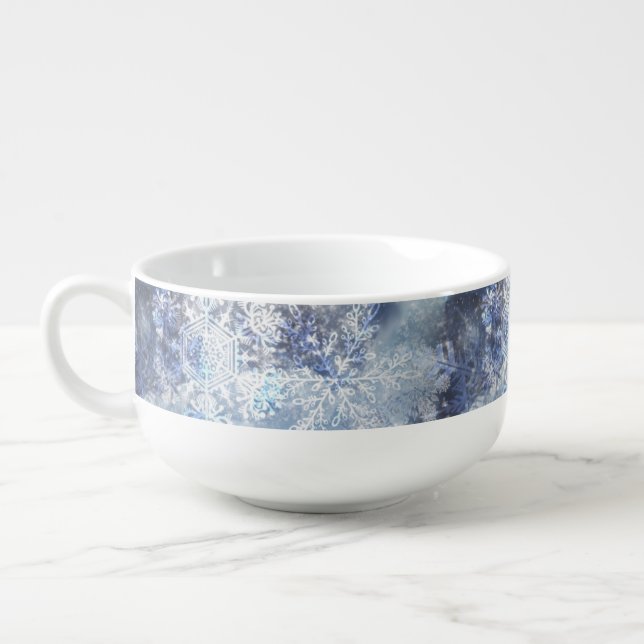 Ice and Snow Textured Blue Christmas Pattern Soup Mug (Right)