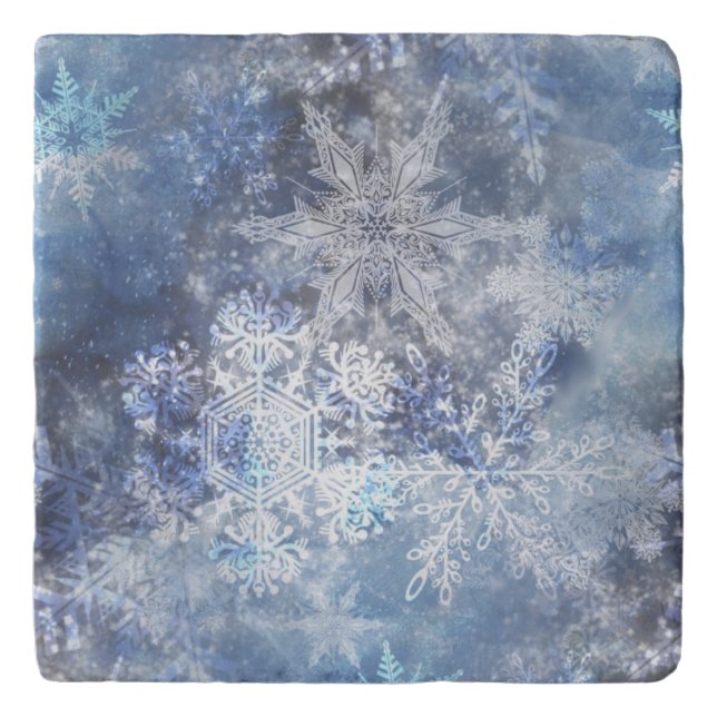 Ice and Snow Textured Blue Christmas Pattern Trivet (Front)
