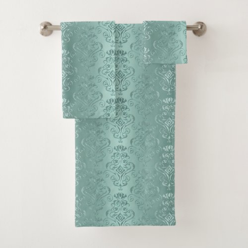 Ice Aqua Vintage Damask Print Bath Towel Set