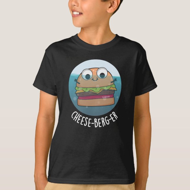 Ice-berg-er Funny Cheeseburger Pun Dark BG T-Shirt (Front)