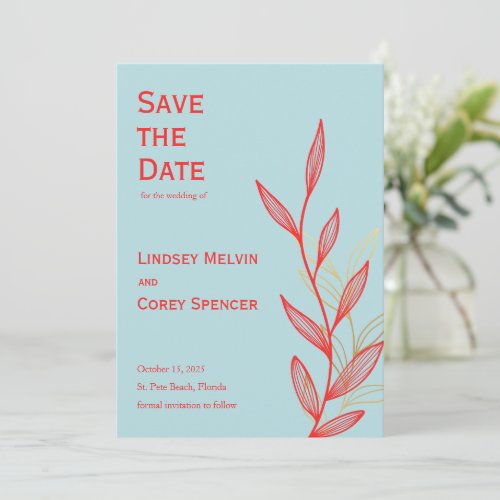 Ice Blue and Coral Gold Leaf Wedding Save the Date Invitation