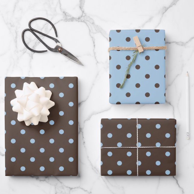Ice Blue and Dark Brown Polka Dot Patterns Wrapping Paper Sheets (Front)