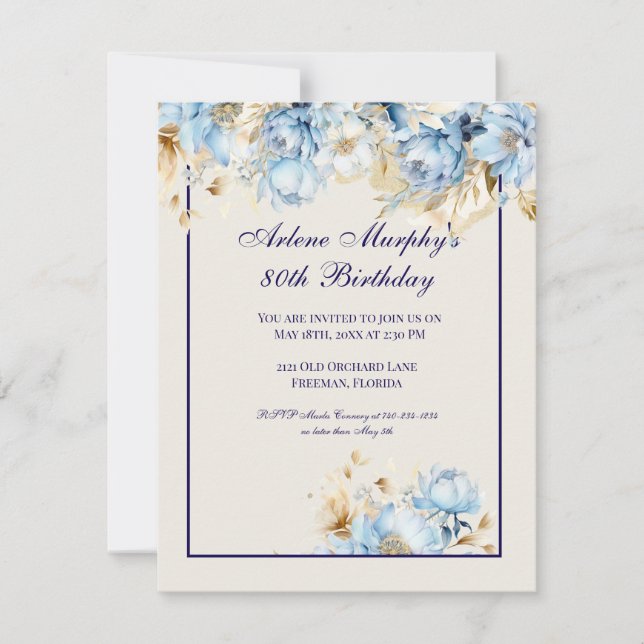 Ice Blue  and Navy Floral Birthday Invitation (Front)