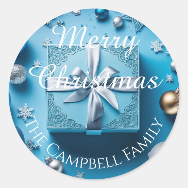 Ice Blue and Silver Gift Christmas  Classic Round Sticker (Front)