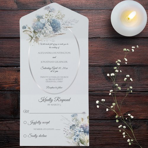 Ice Blue Bohemian Flowers on Blue  All In One Invitation