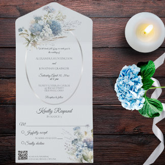 Ice Blue Bohemian Flowers on Blue QR Code All In One Invitation
