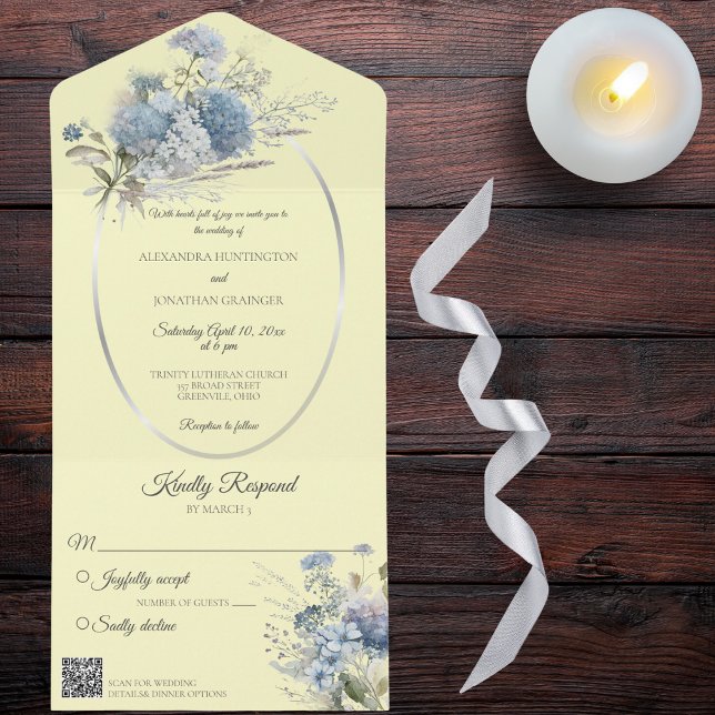 Ice Blue Bohemian Flowers on Pale Yellow QR Code All In One Invitation (Creator Uploaded)