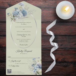 Ice Blue Bohemian Flowers on Sage Green QR Code All In One Invitation