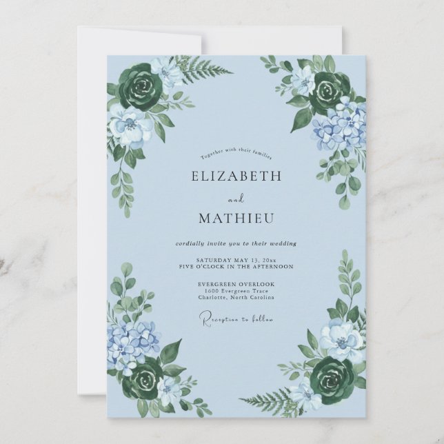 Ice Blue Botanical Floral Wedding Invitation (Front)