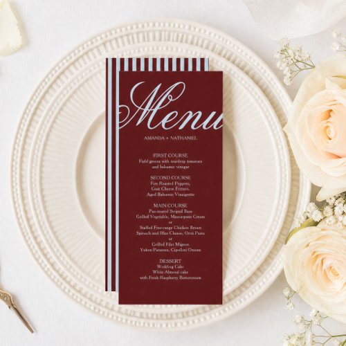 Ice Blue & Burgundy Stripes Retro Wedding Menu