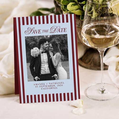 Ice Blue &amp; Burgundy Stripes Retro Wedding Save The Date
