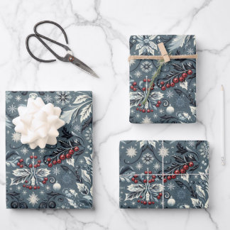 Ice Blue Christmas Snowflake and Holly  Wrapping Paper Sheets